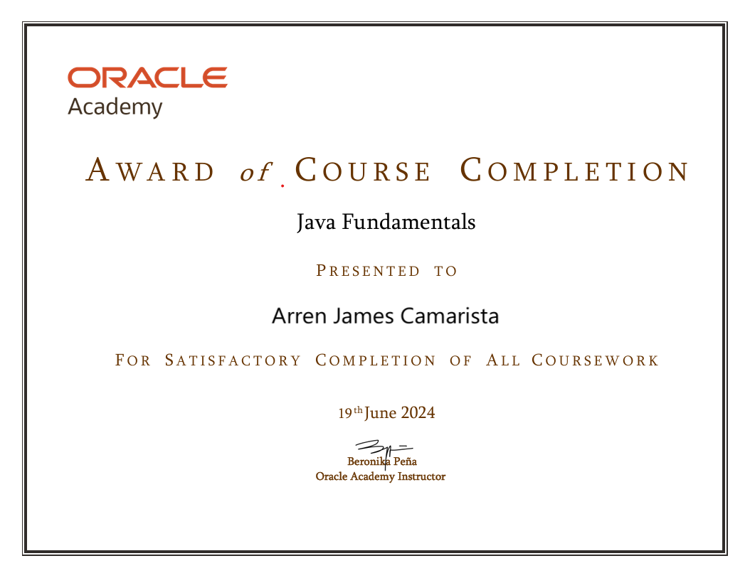 Java Fundamentals certification document